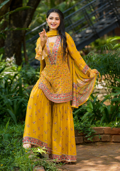 Mustard Printed Georgette Readymade Sharara Suit