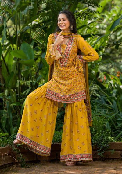 Mustard Printed Georgette Readymade Sharara Suit-Koskii