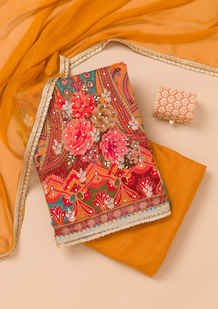 Mustard Printed Georgette Unstitched Salwar Suit