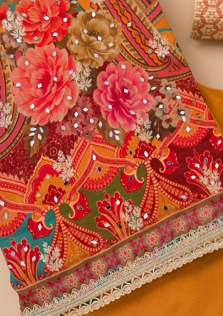 Mustard Printed Georgette Unstitched Salwar Suit
