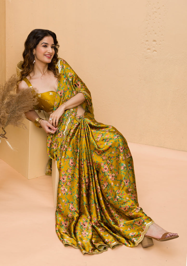 Mustard Floral Printed Satin Designer Saree
