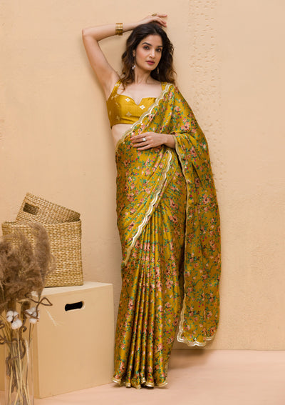 Mustard Floral Printed Satin Designer Saree-Koskii