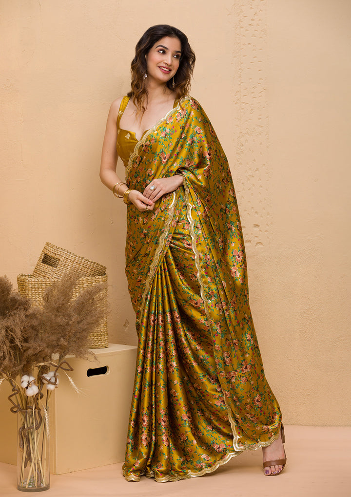 Mustard Floral Printed Satin Designer Saree
