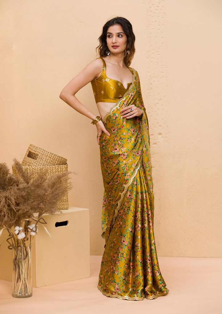 Mustard Floral Printed Satin Designer Saree