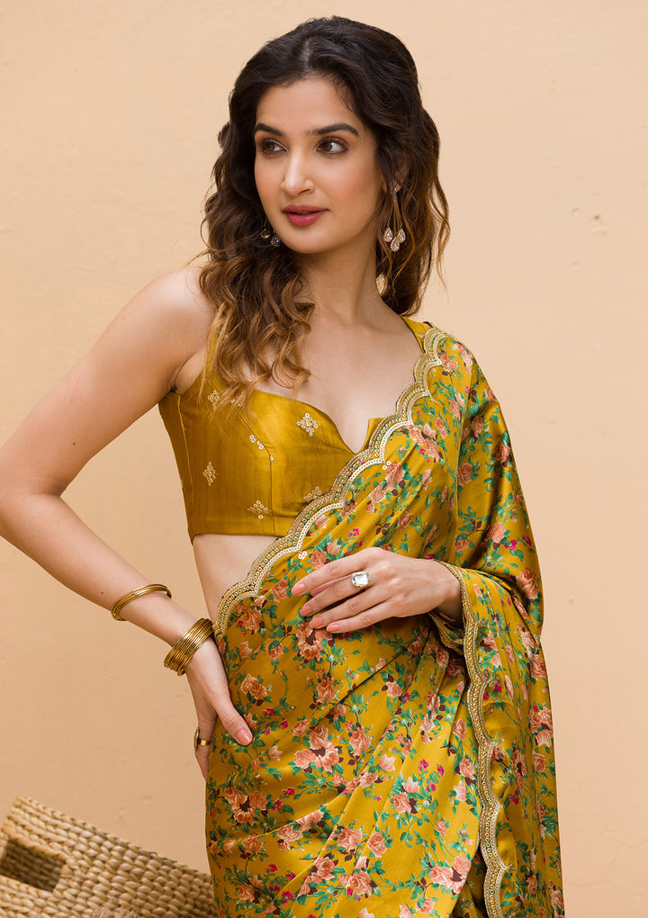 Mustard Floral Printed Satin Designer Saree