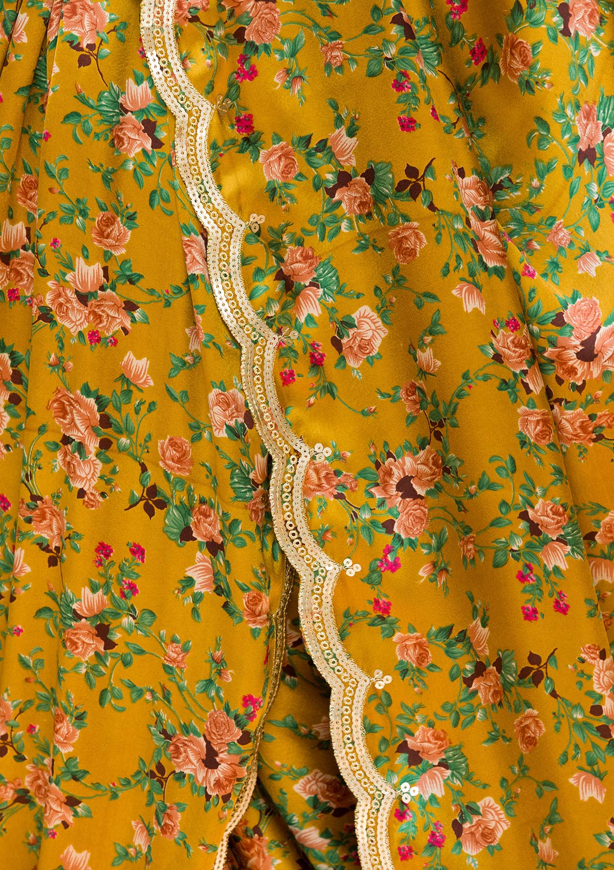 Mustard Floral Printed Satin Designer Saree