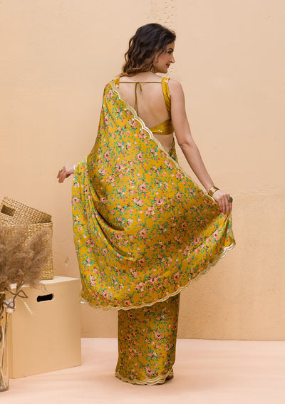 Mustard Floral Printed Satin Designer Saree