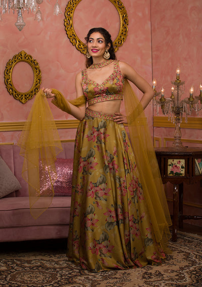 Mustard Printed Semi Crepe Readymade Lehenga-Koskii