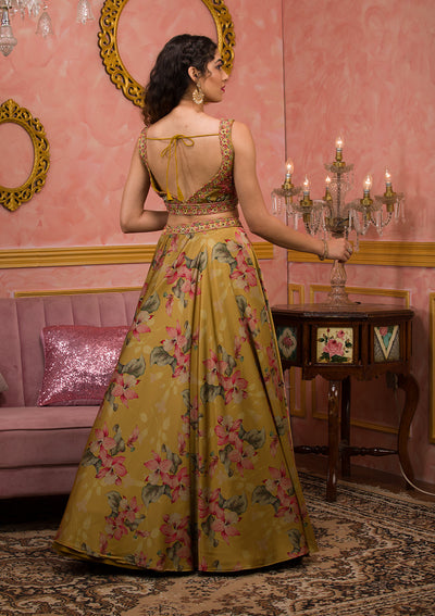 Mustard Printed Semi Crepe Readymade Lehenga