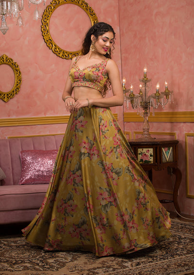 Mustard Printed Semi Crepe Readymade Lehenga-Koskii