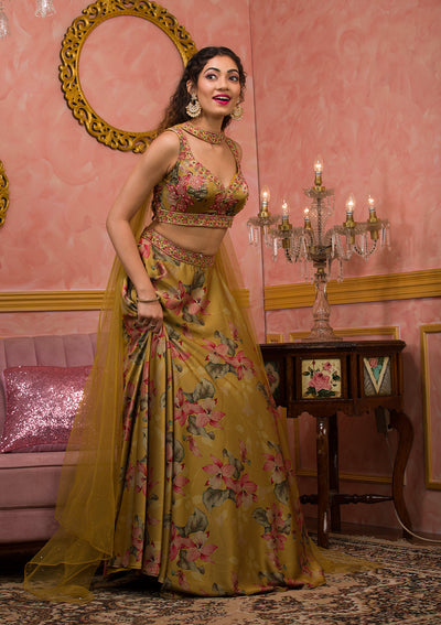 Mustard Printed Semi Crepe Readymade Lehenga-Koskii