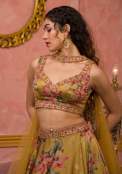 Mustard Printed Semi Crepe Readymade Lehenga-Koskii