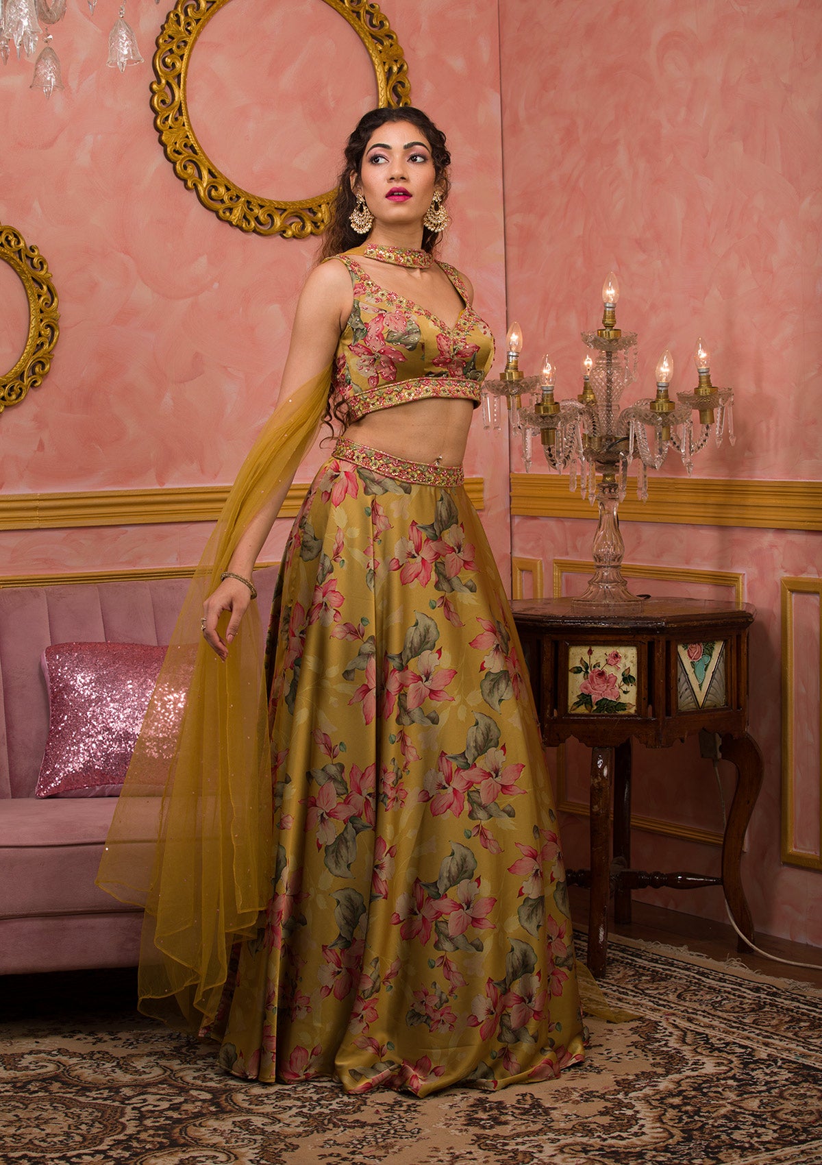Mustard Printed Semi Crepe Readymade Lehenga