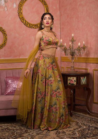 Mustard Printed Semi Crepe Readymade Lehenga