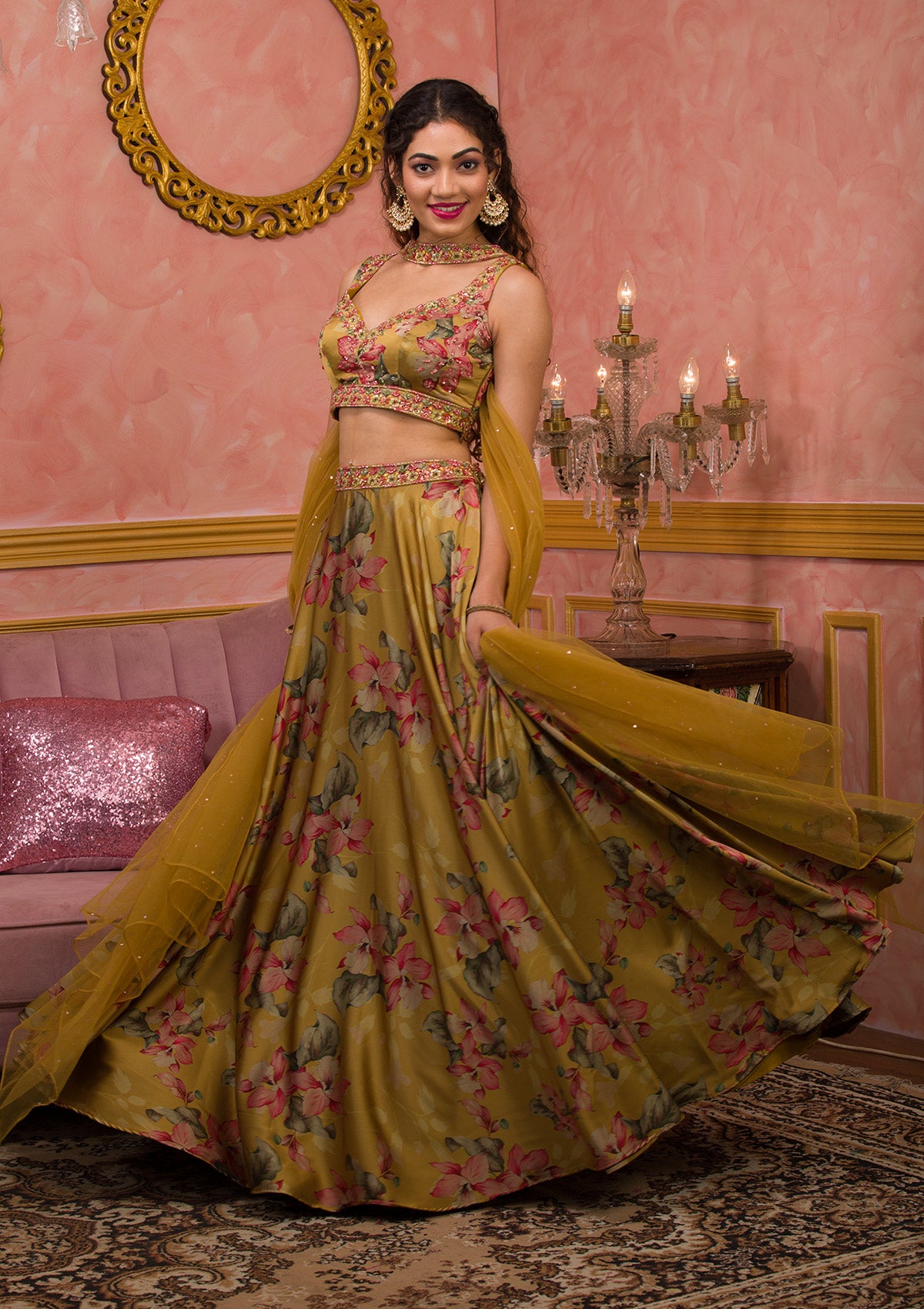 Mustard Printed Semi Crepe Readymade Lehenga