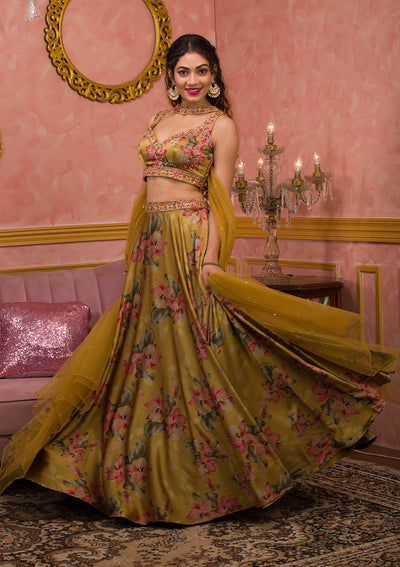 Mustard Printed Semi Crepe Readymade Lehenga