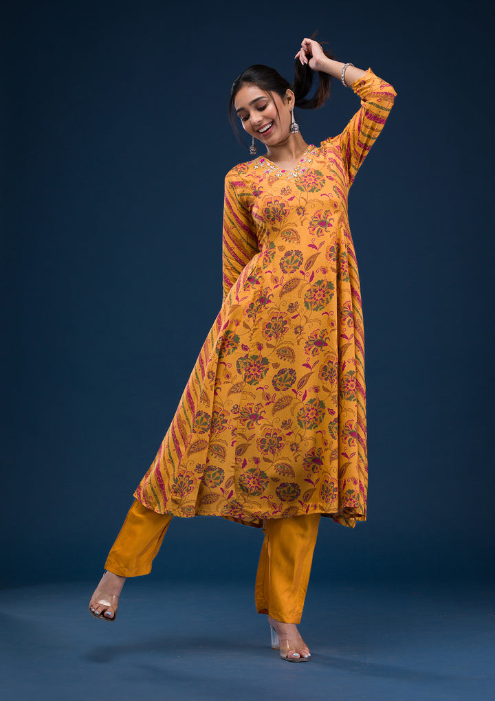 Mustard Printed Semi Crepe Readymade Salwar Suit