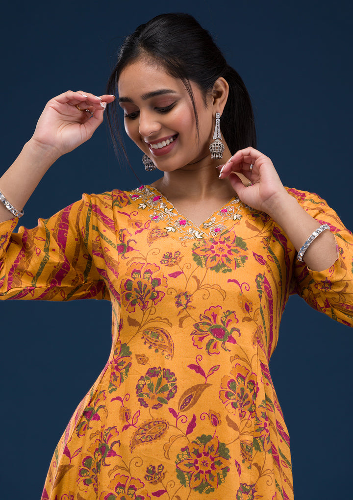 Mustard Printed Semi Crepe Readymade Salwar Suit