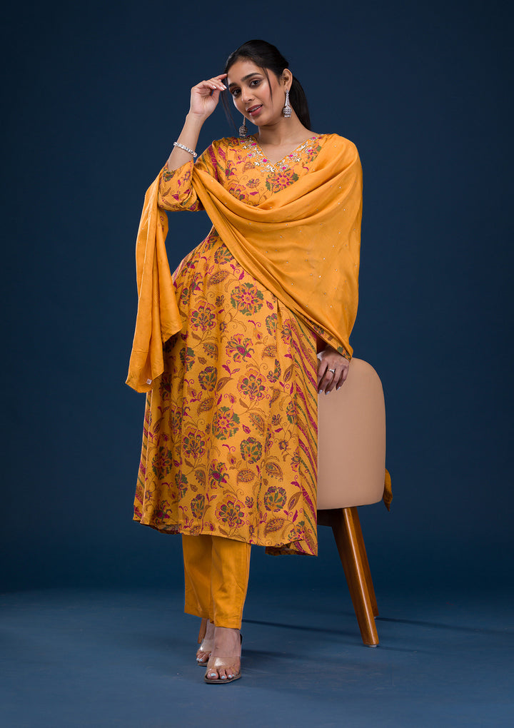Mustard Printed Semi Crepe Readymade Salwar Suit