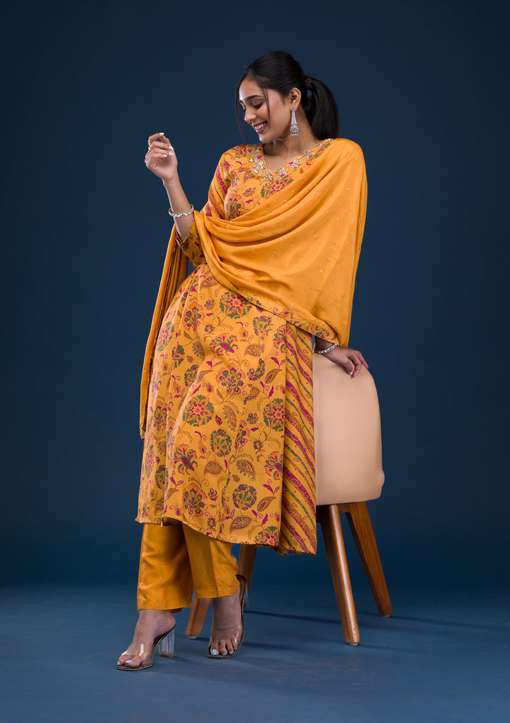 Mustard Printed Semi Crepe Readymade Salwar Suit