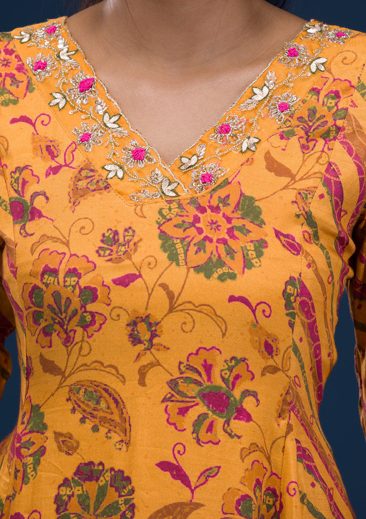 Mustard Printed Semi Crepe Readymade Salwar Suit