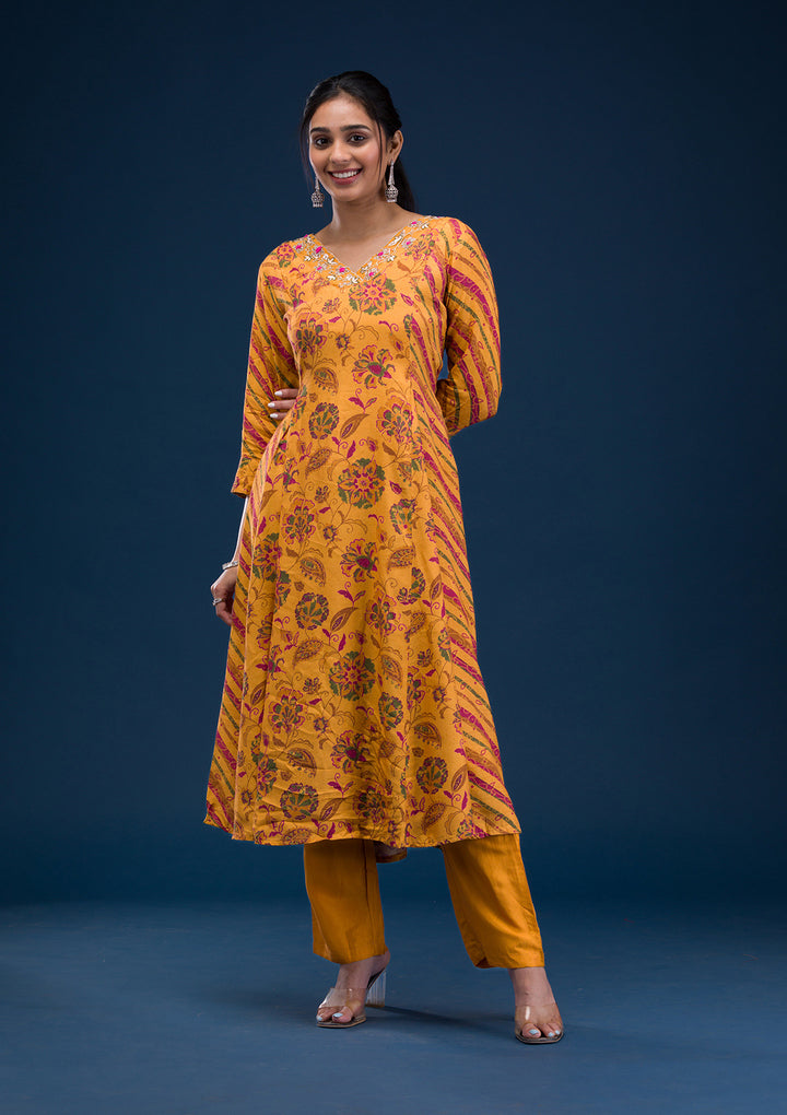 Mustard Printed Semi Crepe Readymade Salwar Suit