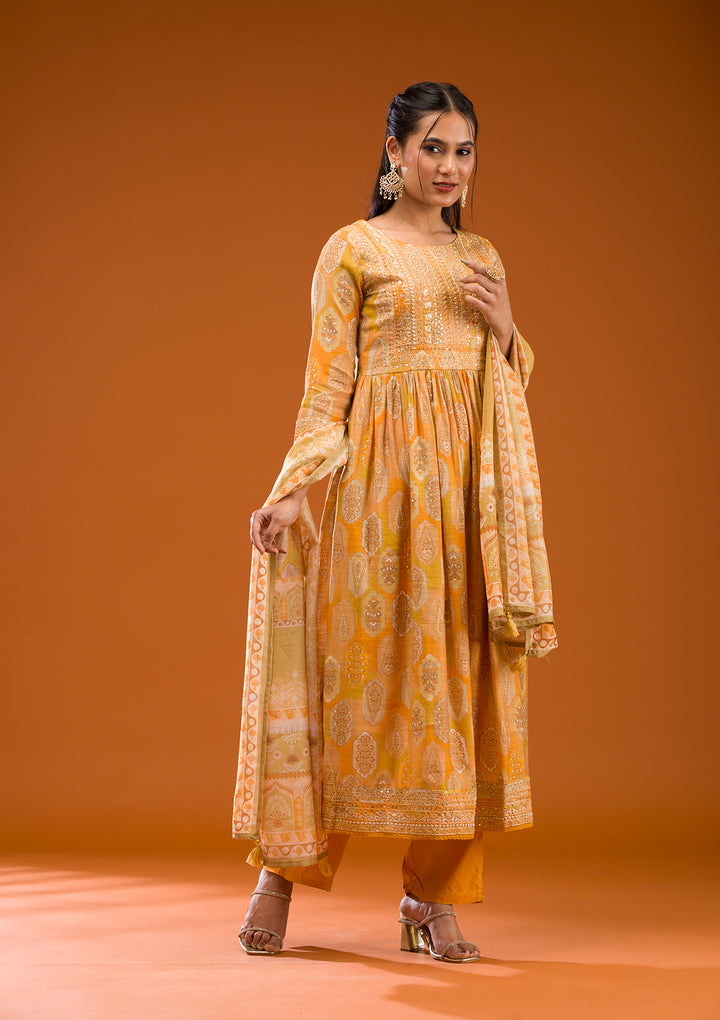 Mustard Printed Semi Crepe Readymade Salwar Suit