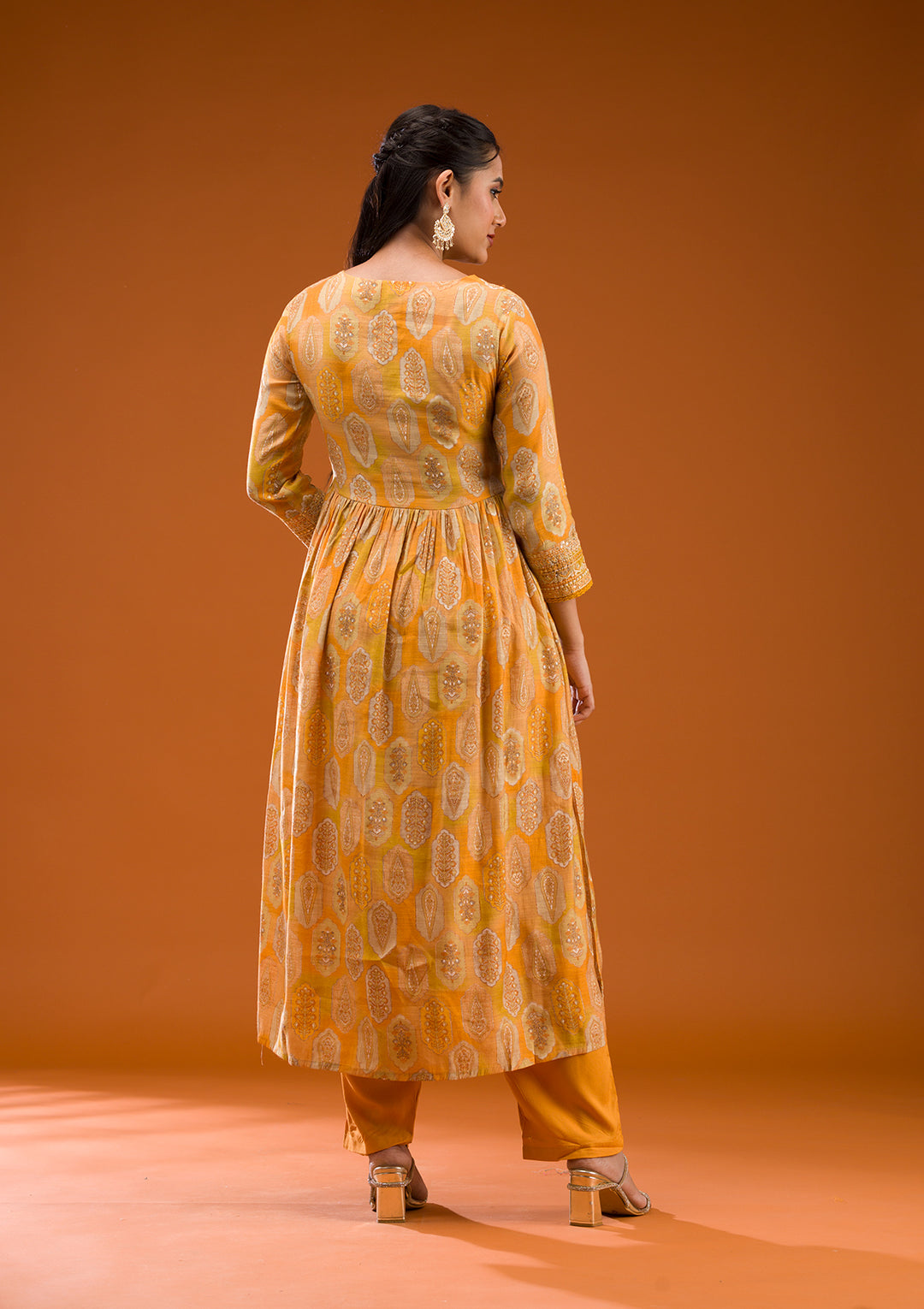 Mustard Printed Semi Crepe Readymade Salwar Suit