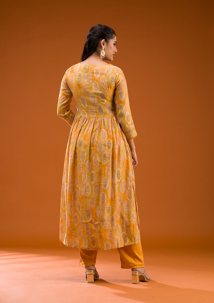 Mustard Printed Semi Crepe Readymade Salwar Suit