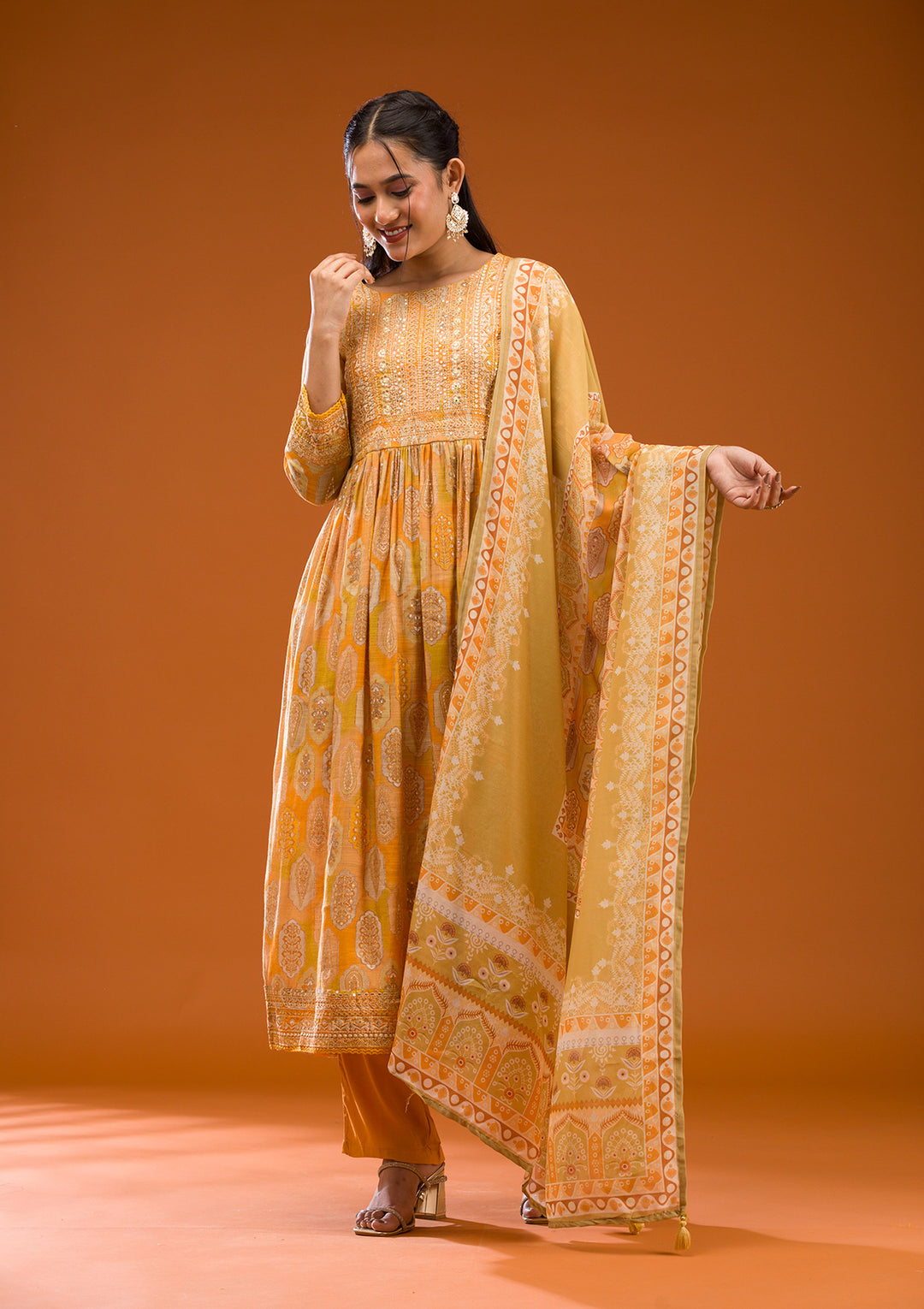 Mustard Printed Semi Crepe Readymade Salwar Suit