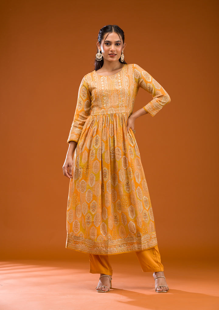 Mustard Printed Semi Crepe Readymade Salwar Suit