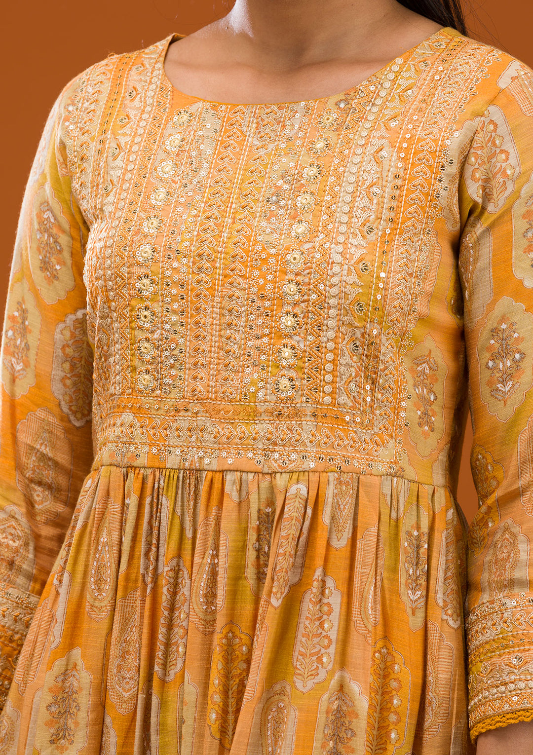 Mustard Printed Semi Crepe Readymade Salwar Suit