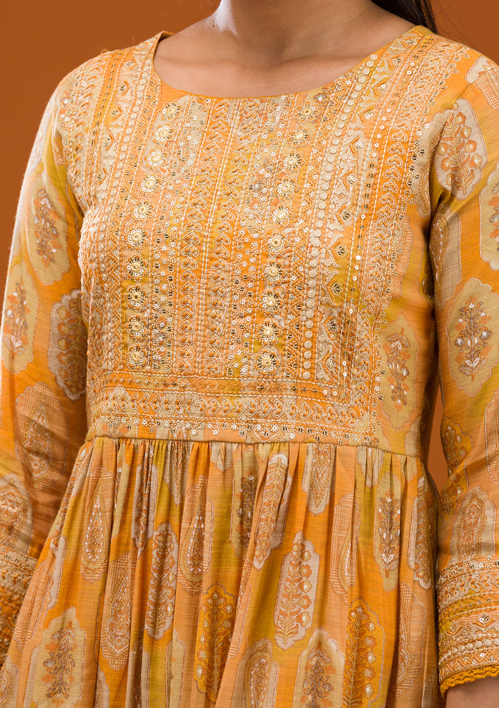 Mustard Printed Semi Crepe Readymade Salwar Suit