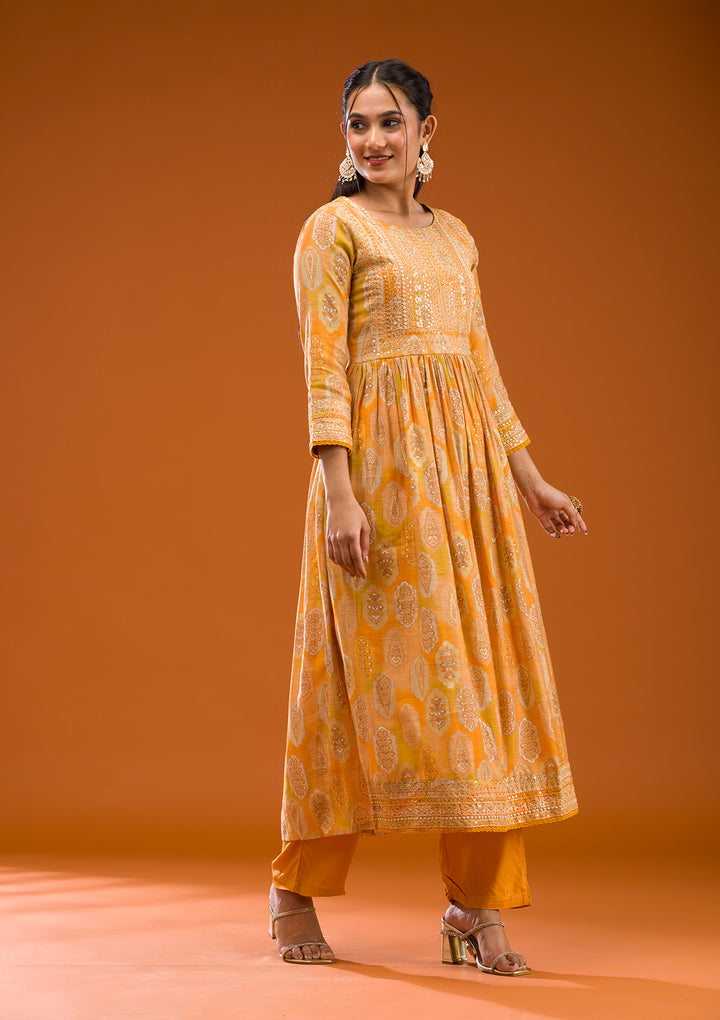 Mustard Printed Semi Crepe Readymade Salwar Suit