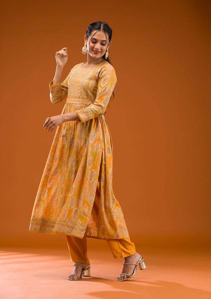 Mustard Printed Semi Crepe Readymade Salwar Suit