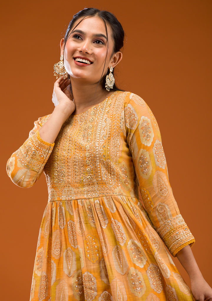 Mustard Printed Semi Crepe Readymade Salwar Suit