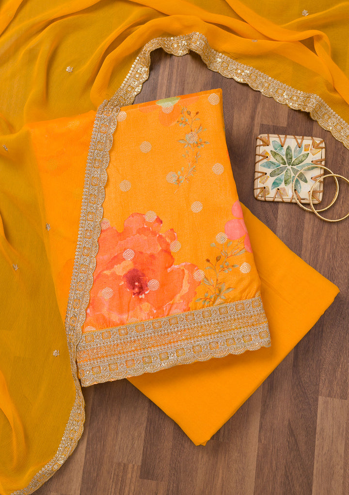 Mustard Printed Semi Crepe Unstitched Salwar Suit
