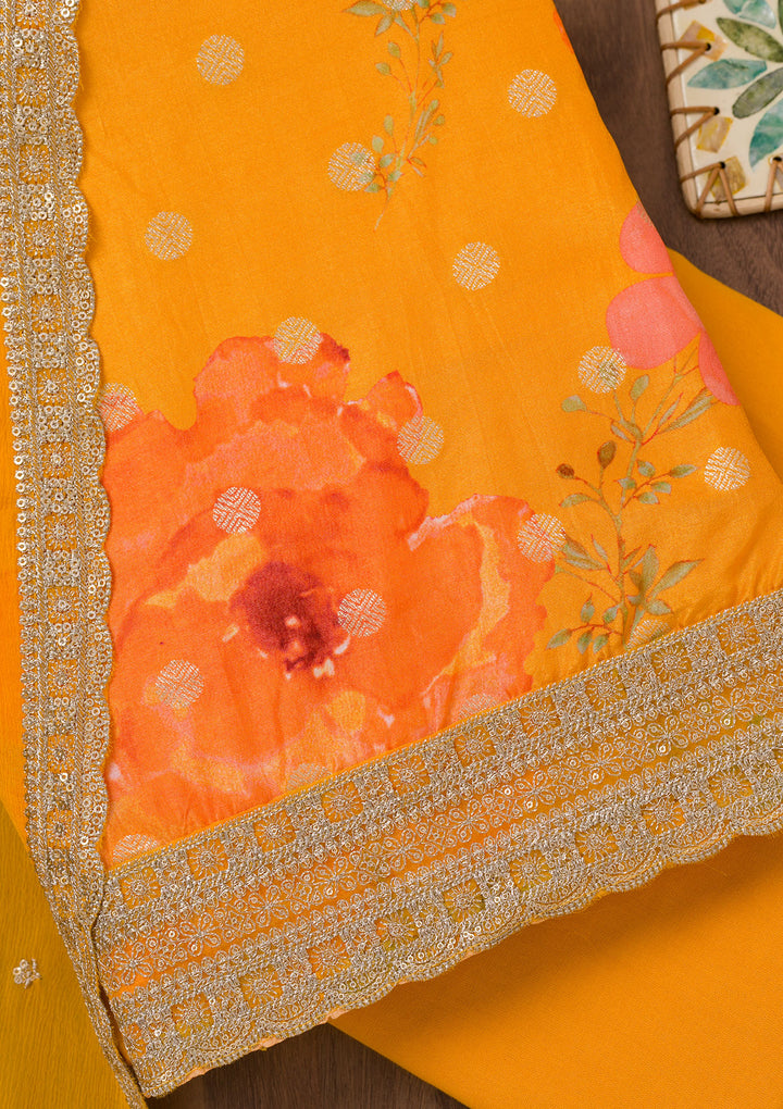 Mustard Printed Semi Crepe Unstitched Salwar Suit