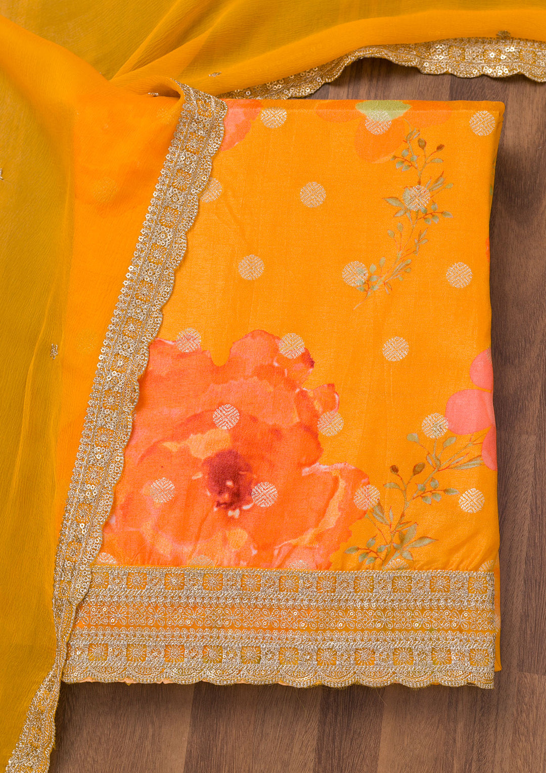 Mustard Printed Semi Crepe Unstitched Salwar Suit