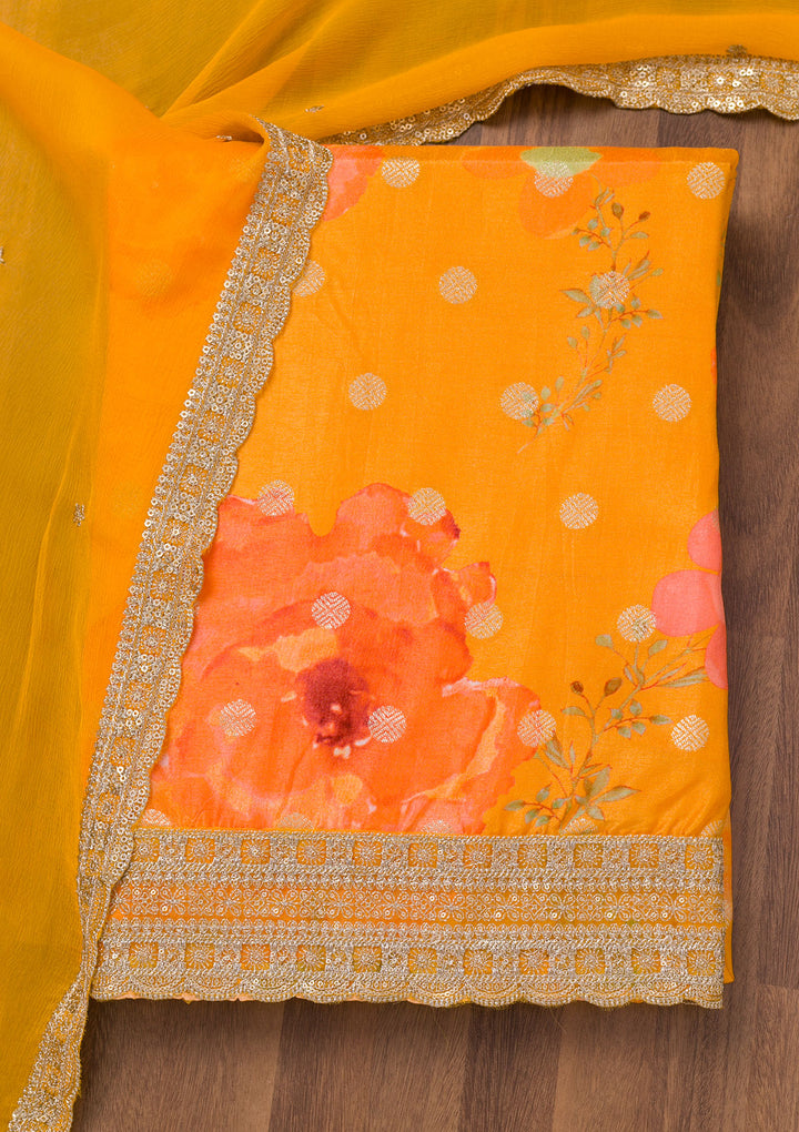 Mustard Printed Semi Crepe Unstitched Salwar Suit