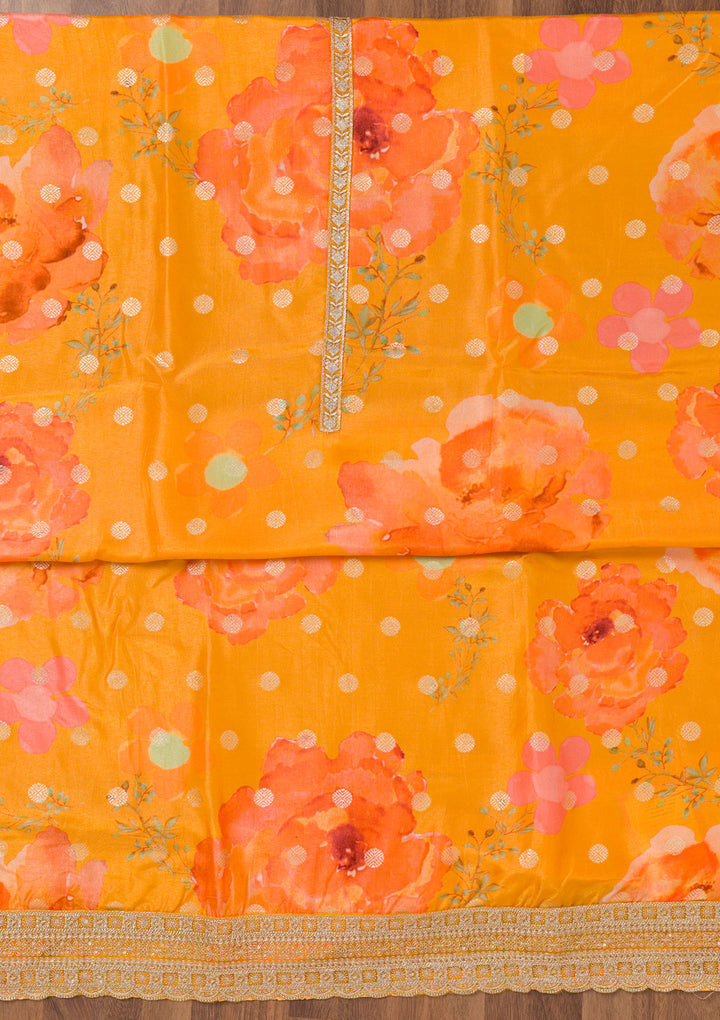 Mustard Printed Semi Crepe Unstitched Salwar Suit