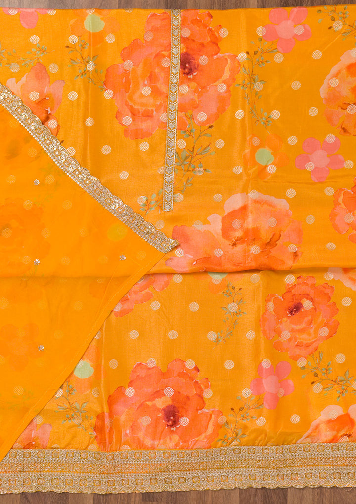 Mustard Printed Semi Crepe Unstitched Salwar Suit