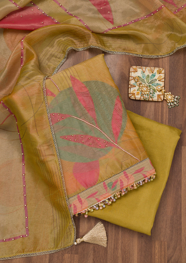 Mustard Printed Semi Crepe Unstitched Salwar Suit