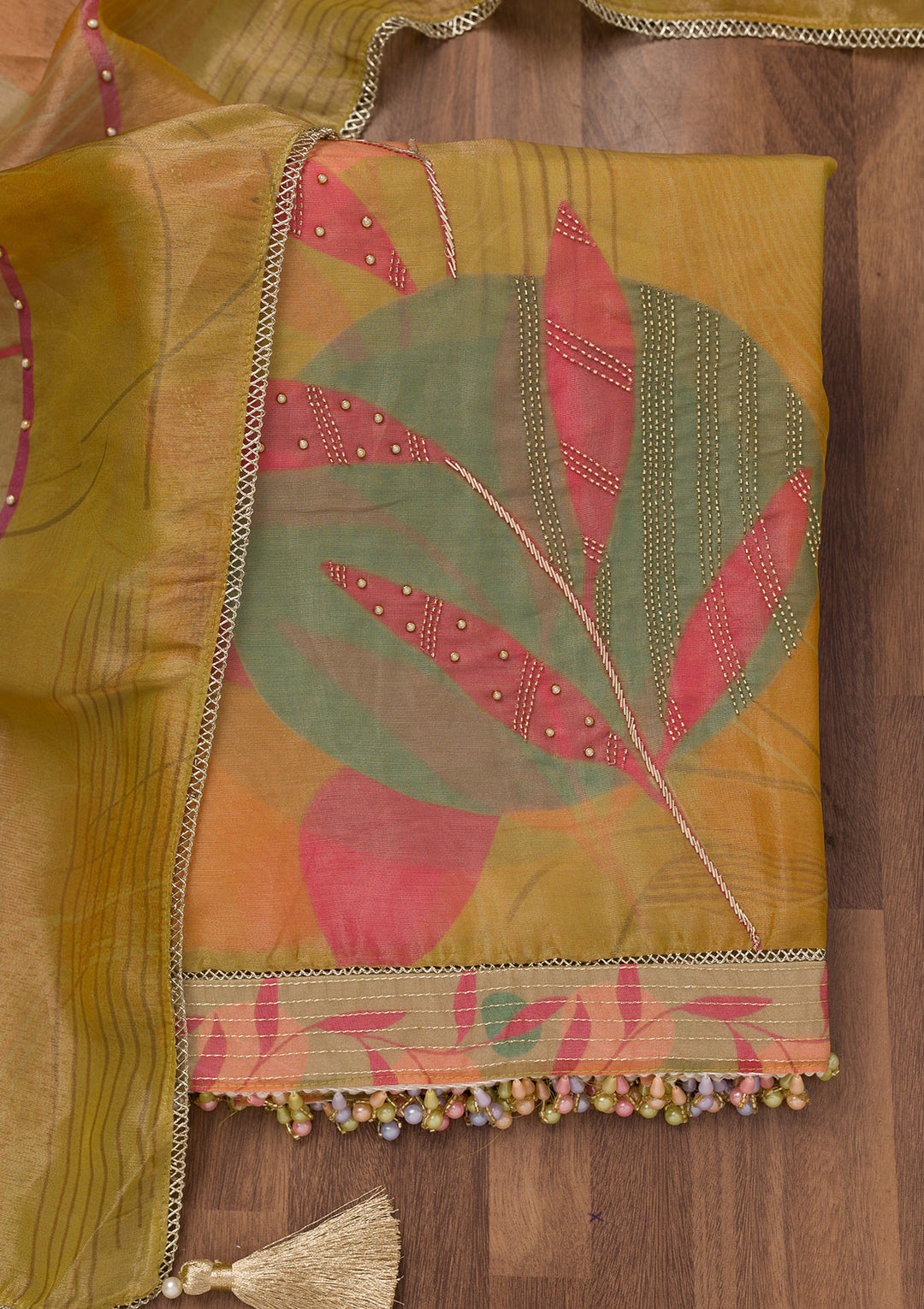 Mustard Printed Semi Crepe Unstitched Salwar Suit