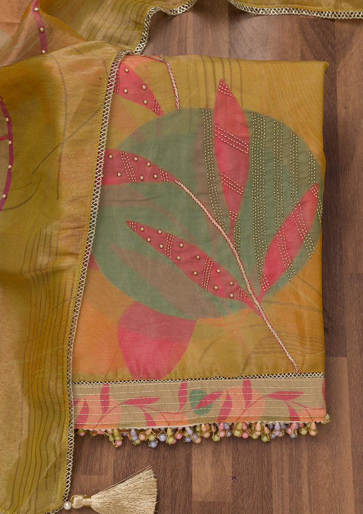 Mustard Printed Semi Crepe Unstitched Salwar Suit