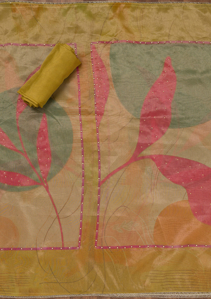Mustard Printed Semi Crepe Unstitched Salwar Suit