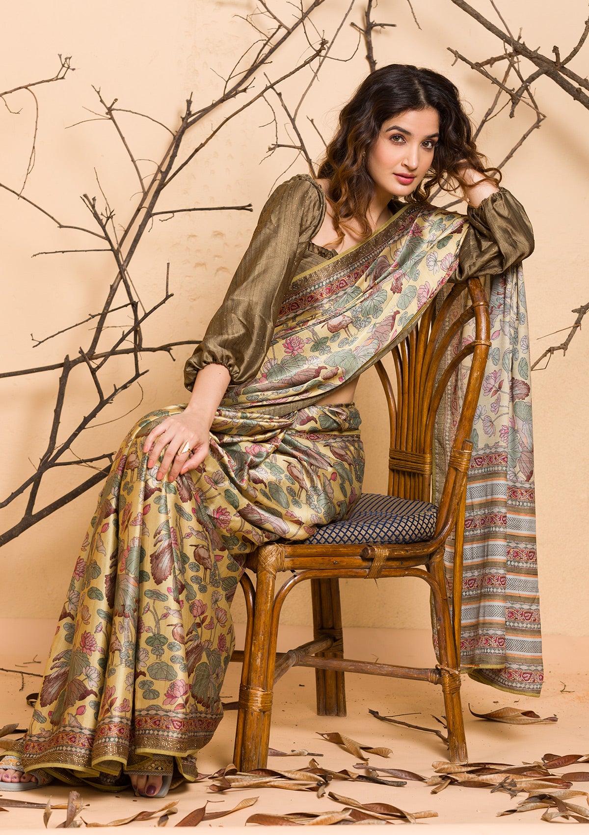 Lemon Yellow Floral Printed Semi Crepe Designer Saree