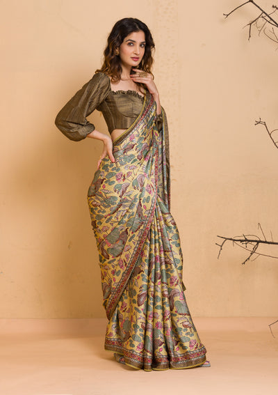 Lemon Yellow Floral Printed Semi Crepe Designer Saree