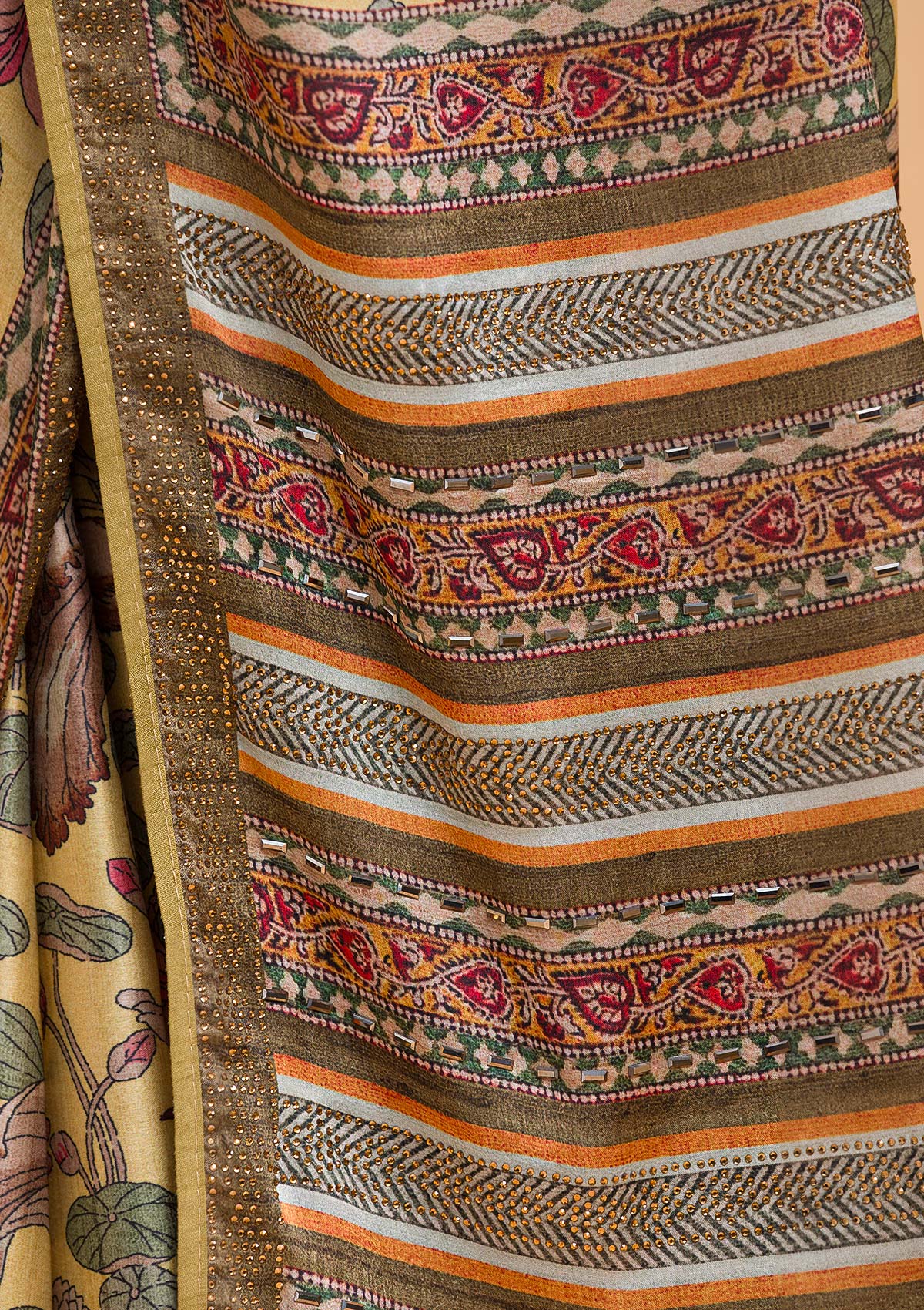 Lemon Yellow Floral Printed Semi Crepe Designer Saree
