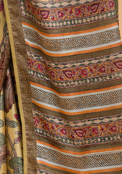 Lemon Yellow Floral Printed Semi Crepe Designer Saree